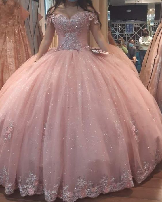 Off the shoulder pink ball gown gilter sweet 16 dress