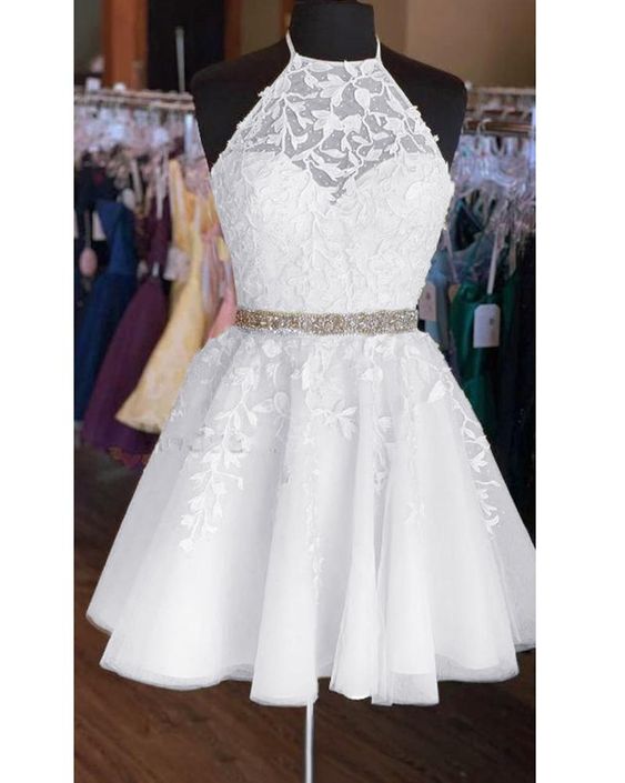 Corset Halter Short Graduation Dress White Lace Cocktail Party Dress for Junior Girls Beaded Belt