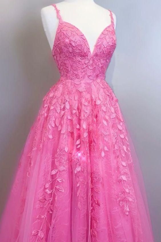 A-line bright pink lace appliqued long prom dress with lace up back