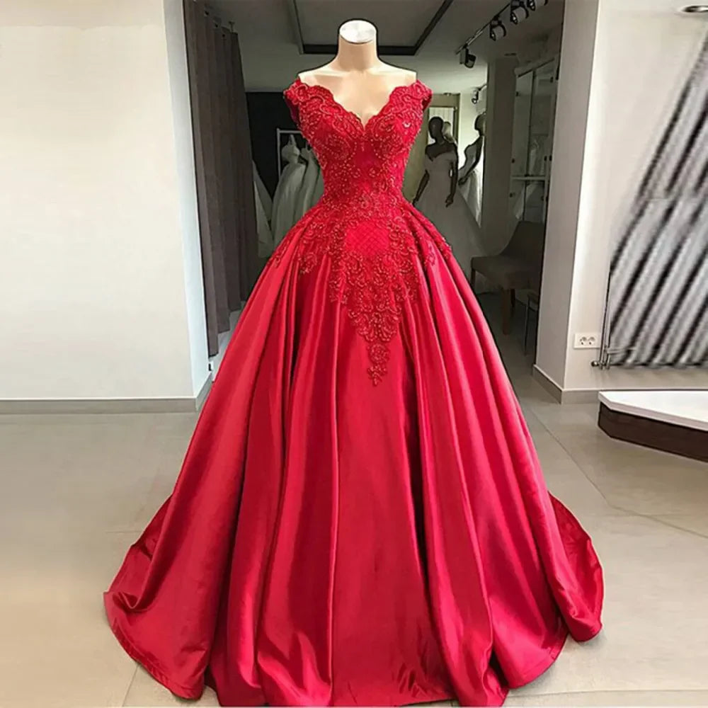 Customized Princess Ball Gown Prom Dress V Neck Red Wedding Party Dress With Beaded Lace Appliques Elegant Satin Evening Gowns Blue