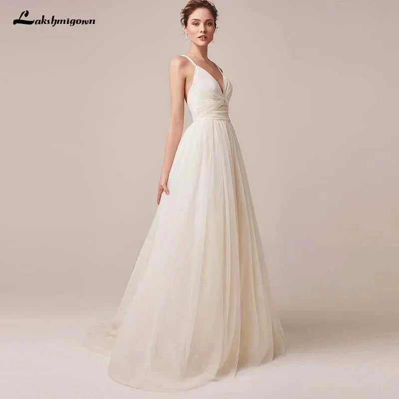 Sexy Spaghetti Straps Tulle Wedding Dress Vestido De Novia Sleeveless V-neck Backless Bride Dresses Robe De Mariage - View 4 | VelvetHem