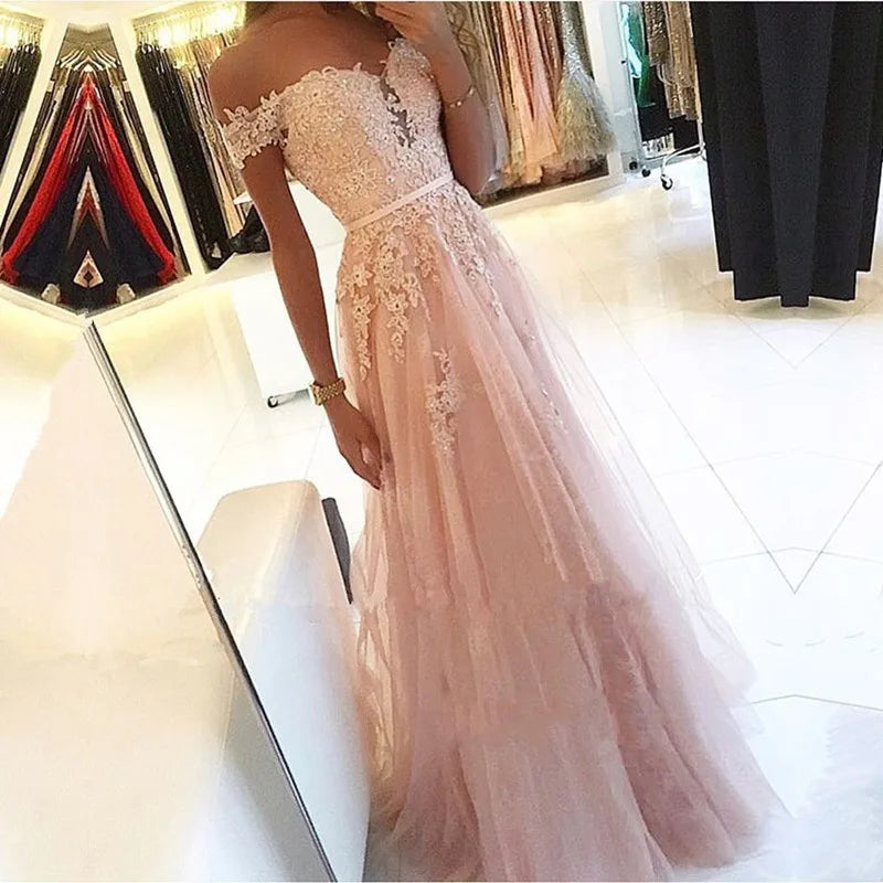 customized Robe De Soiree Off the shoulder Prom Dresses Lace Appliques Tulle Evening Dresses Formal Gowns Plus size Long Dress green