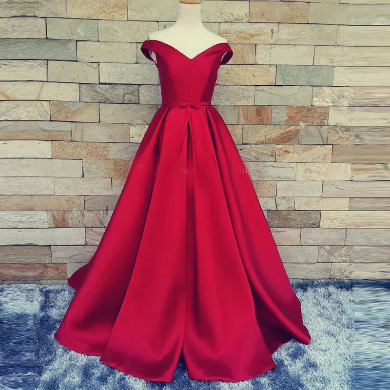 Customized Red Long Satin Prom Gowns Sexy V Neck Vestidos Open Back Vintage Evening Dresses Women Formal Party Dress