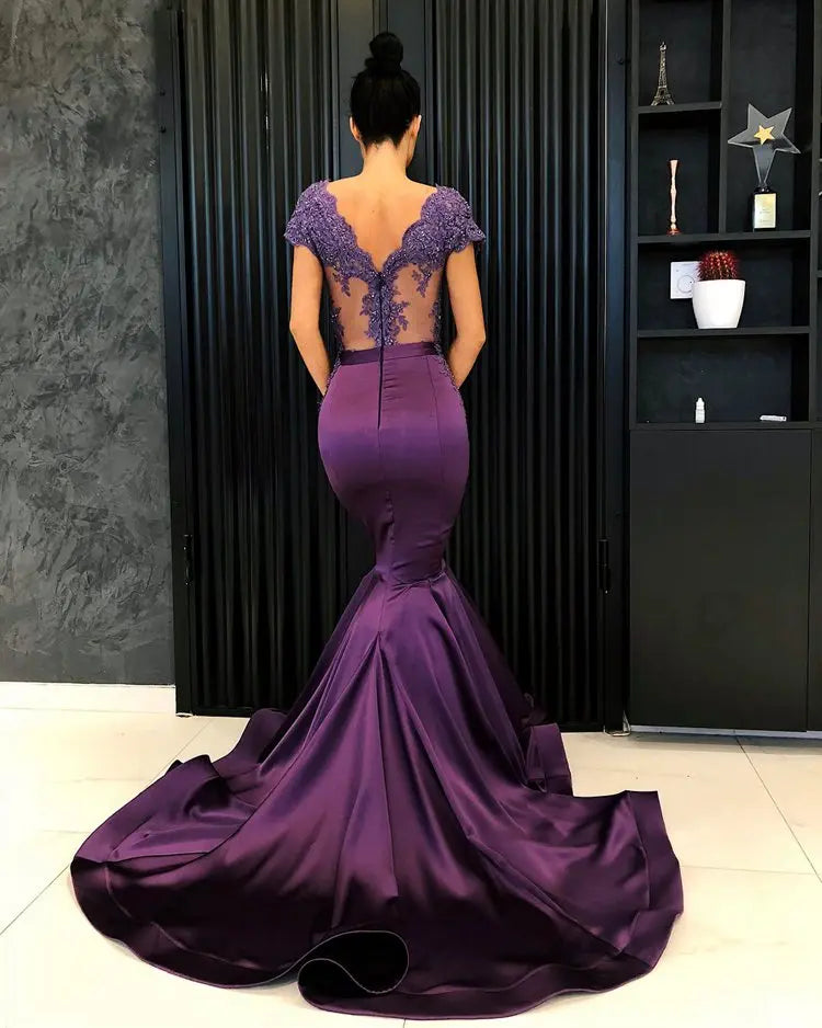 customized Sexy Purple Mermaid Prom Dress V-neck Cap Sleeve Beaded Lace Nude Back Arabic Style robe soiree Long Evening Dresses Same color picture