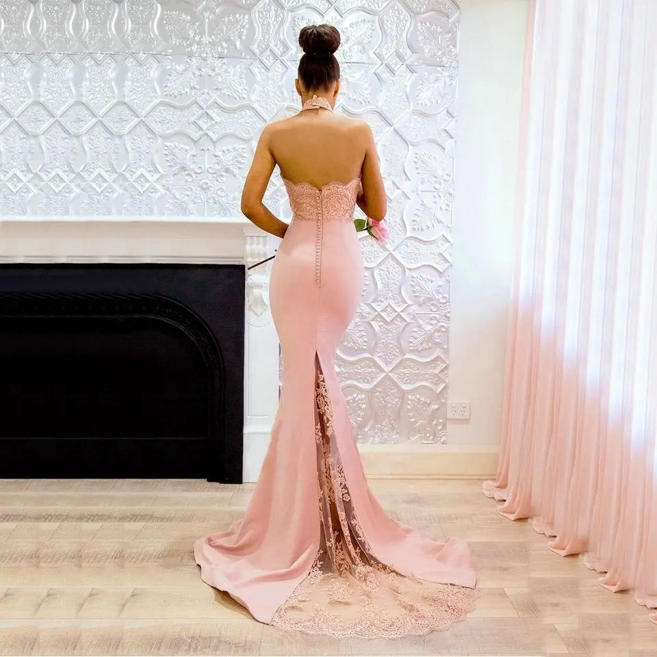 customized Sexy Backless Mermaid Evening Dresses Halter Lace Formal Party Dress Elegant Evening Gown Long robe de soiree