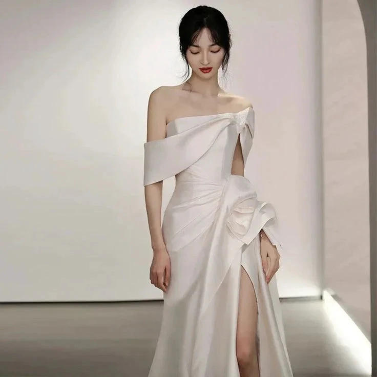Off Shoulder Satin Wedding Dress White Mermaid Long Bridal Gown with Slit Y7336 by simplepromdress