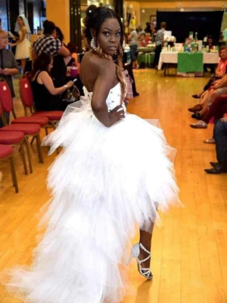White Tulle High Low Long Prom Dress Formal Evening Dress Y7849 - View 2 | VelvetHem