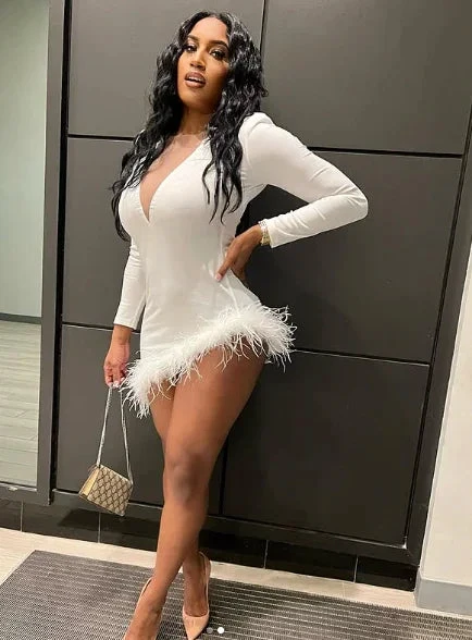 Solid Plunge Fluffy Irregular Party Dress White Dresses Sexy White Homecoming Dress (ZD12553)