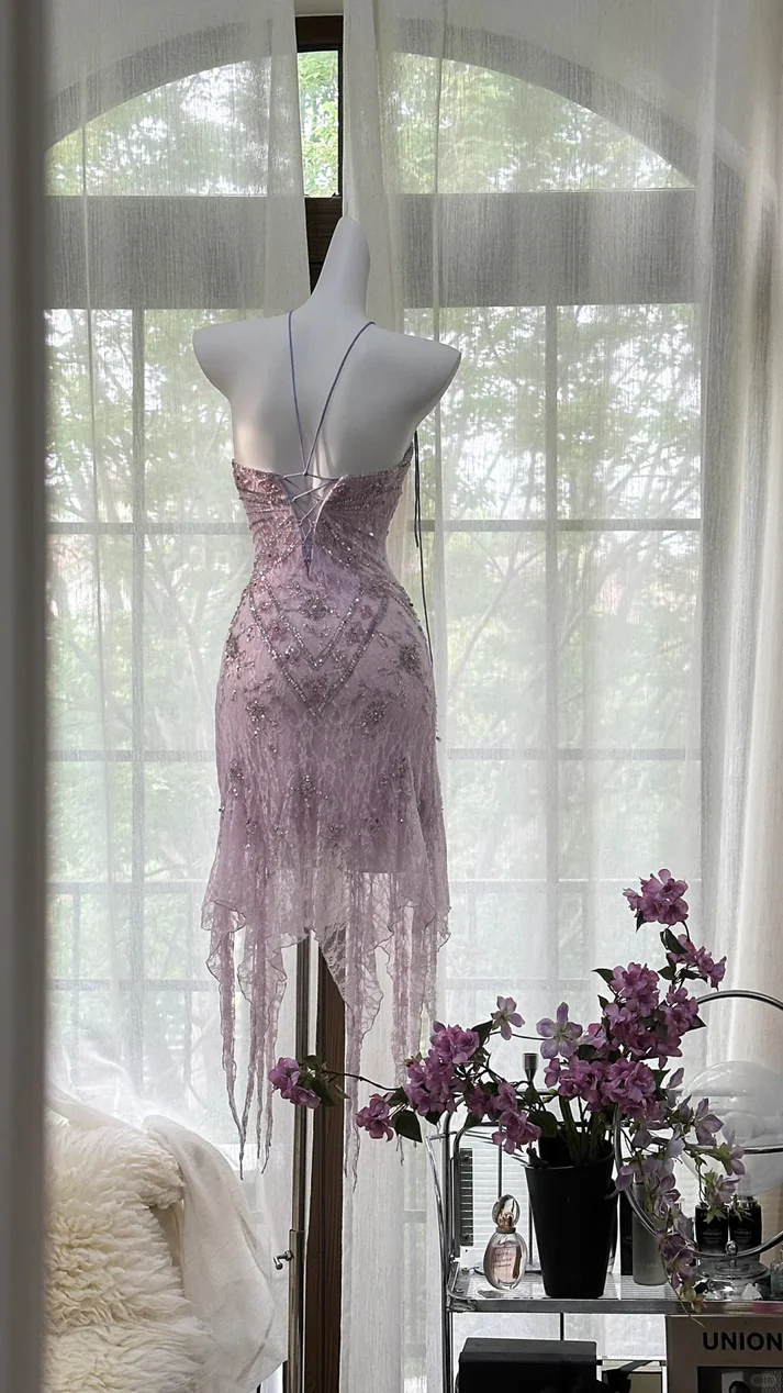 Pretty Lilac Lace Beaded Birthday Outfits Strapless Short Graduation Homecoming Dress S676
