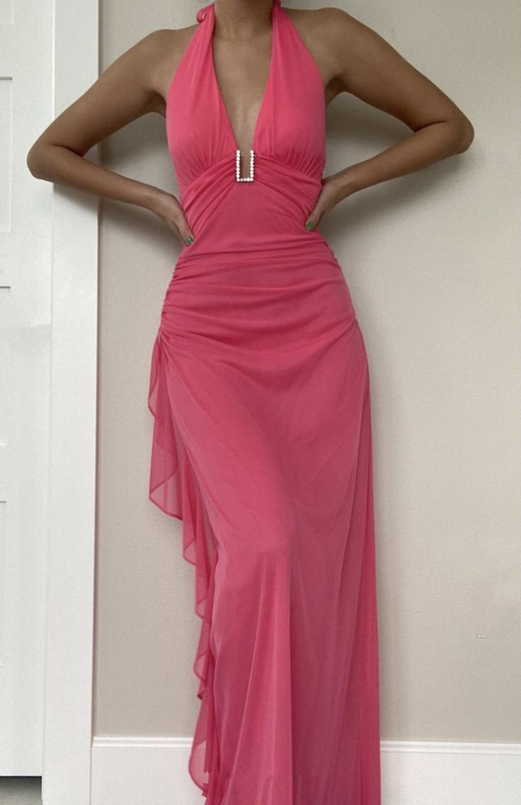 Sexy Halter Deep V Neck Chiffon Ruffles Prom Dress Pink Long Party Dress