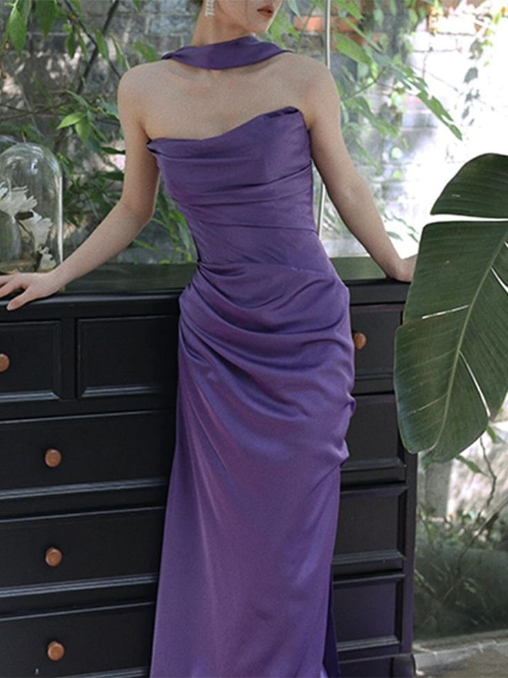 Purple Strapless Ruched Sheath Evening Dress Long Party Gown
