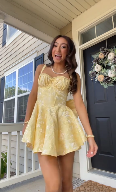 Cute Yellow Satin Print Floral A Line Short Party Dress Formal Homecoming Dress With Bow