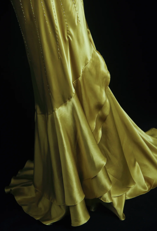 Stylish Strapless Gold Satin Pleated Beaded Mermaid Long Birthday Party Dress Evening Dress
