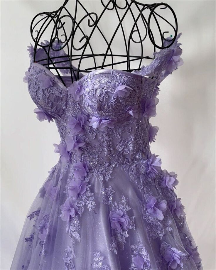Princess 3D Flower sweet A-line Tulle Evening Dress/ Purple Prom Dress Handmade Y4677 - View 2 | VelvetHem