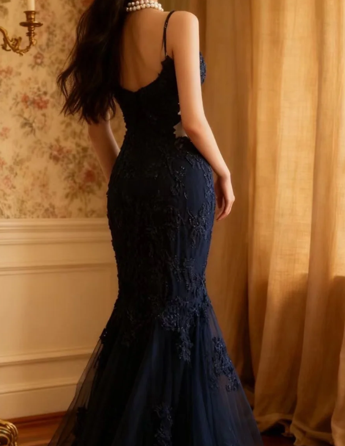 Elegant Spaghetti Straps Navy Blue Tulle Lace Appliques Mermaid Evening Dress Birthday Outfits - View 6 | FashionDia