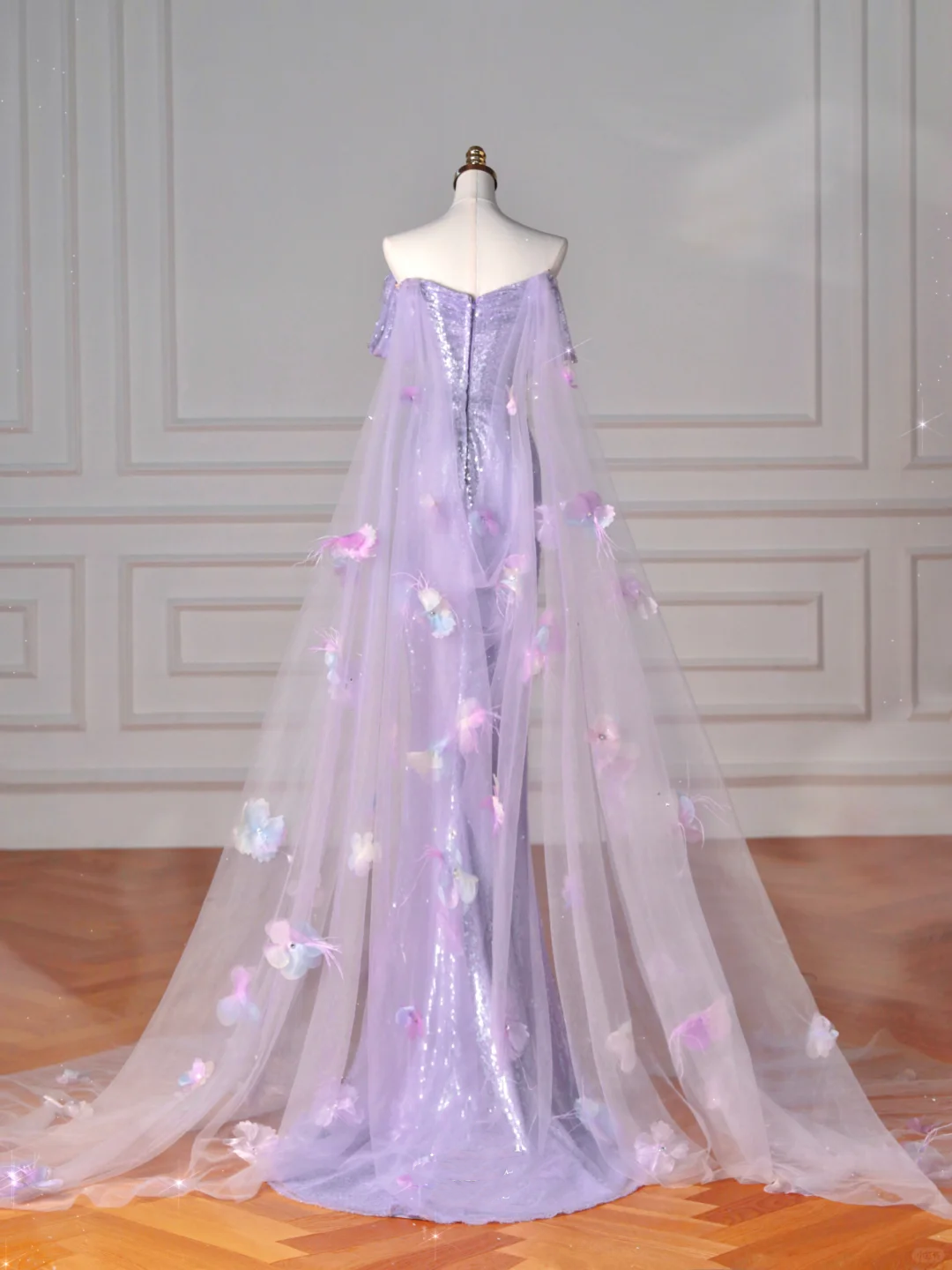 Glitter Lilac Sequin Tulle Beaded Mermaid Slit Evening Dress Off The Shoulder Tulle Appliques Prom Dress Y8632 - View 4 | VelvetHem