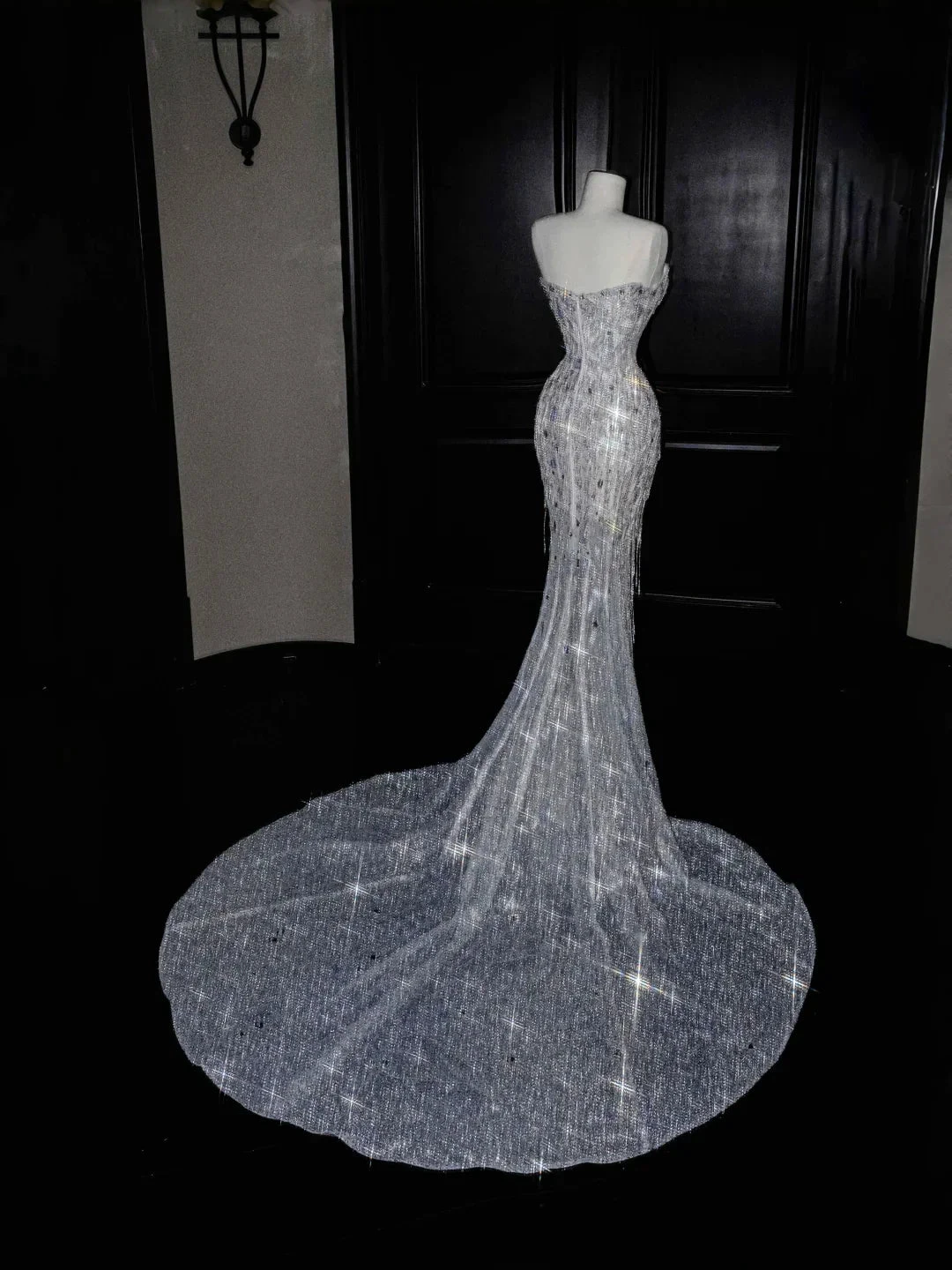 Sparkly Strapless Tulle Sequins Tassel Evening Dress,Slit Mermaid Prom Dress Wedding Dress (ZD13768)