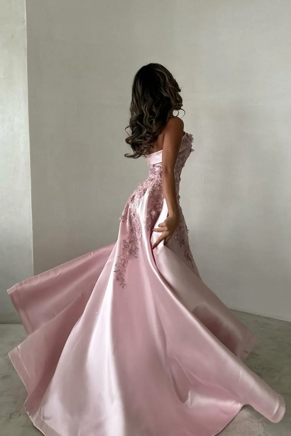 Pretty Pink Strapless Satin Appliques Beaded Formal Prom Dress,Long A-Line Party Evening Gown - View 5 | FashionDia