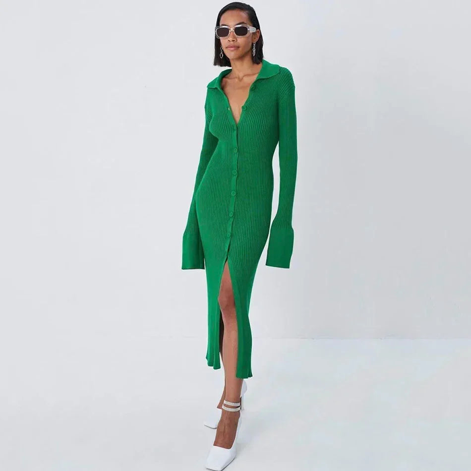 Autumn Bodycon Dress Sweater Knitted Green Women Sexy Midi Split V Neck Long Sleeve Casual Dresses Party Vestidos green