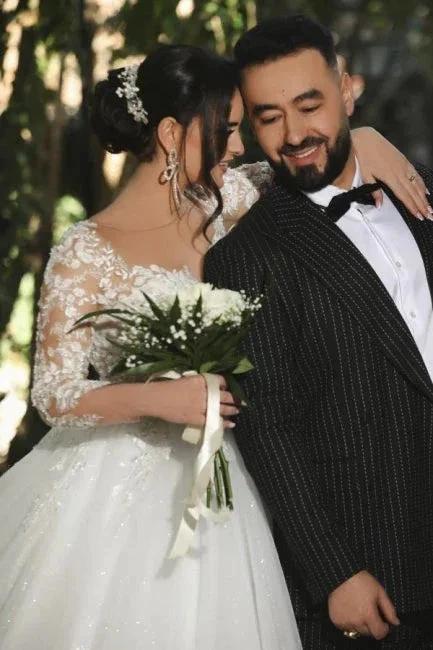 Half sleeves lace V-neck A-line Princess Wedding Dress (ZD15698)