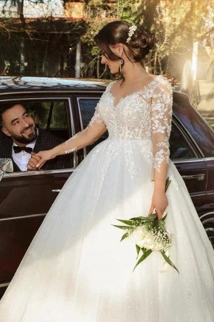 Half sleeves lace V-neck A-line Princess Wedding Dress (ZD15698)
