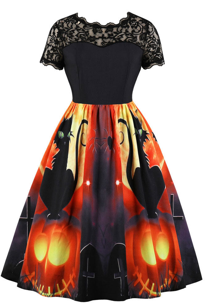 Halloween Lace Patched Print Dress - Fashionpara