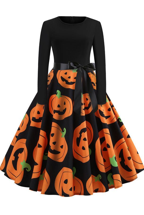 Halloween Printed Belt Vintage Dress - Fashionpara