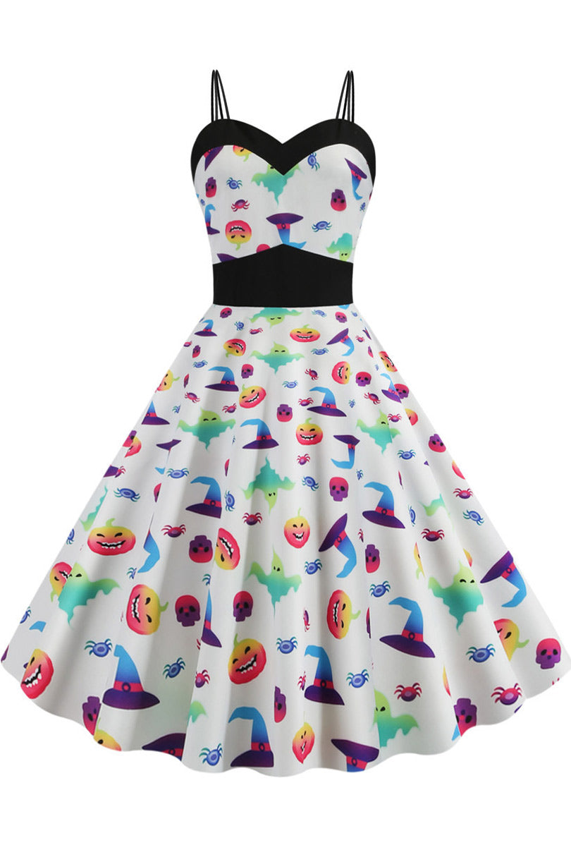 Halloween Pumpkin Print Spaghetti Straps Dress - Fashionpara