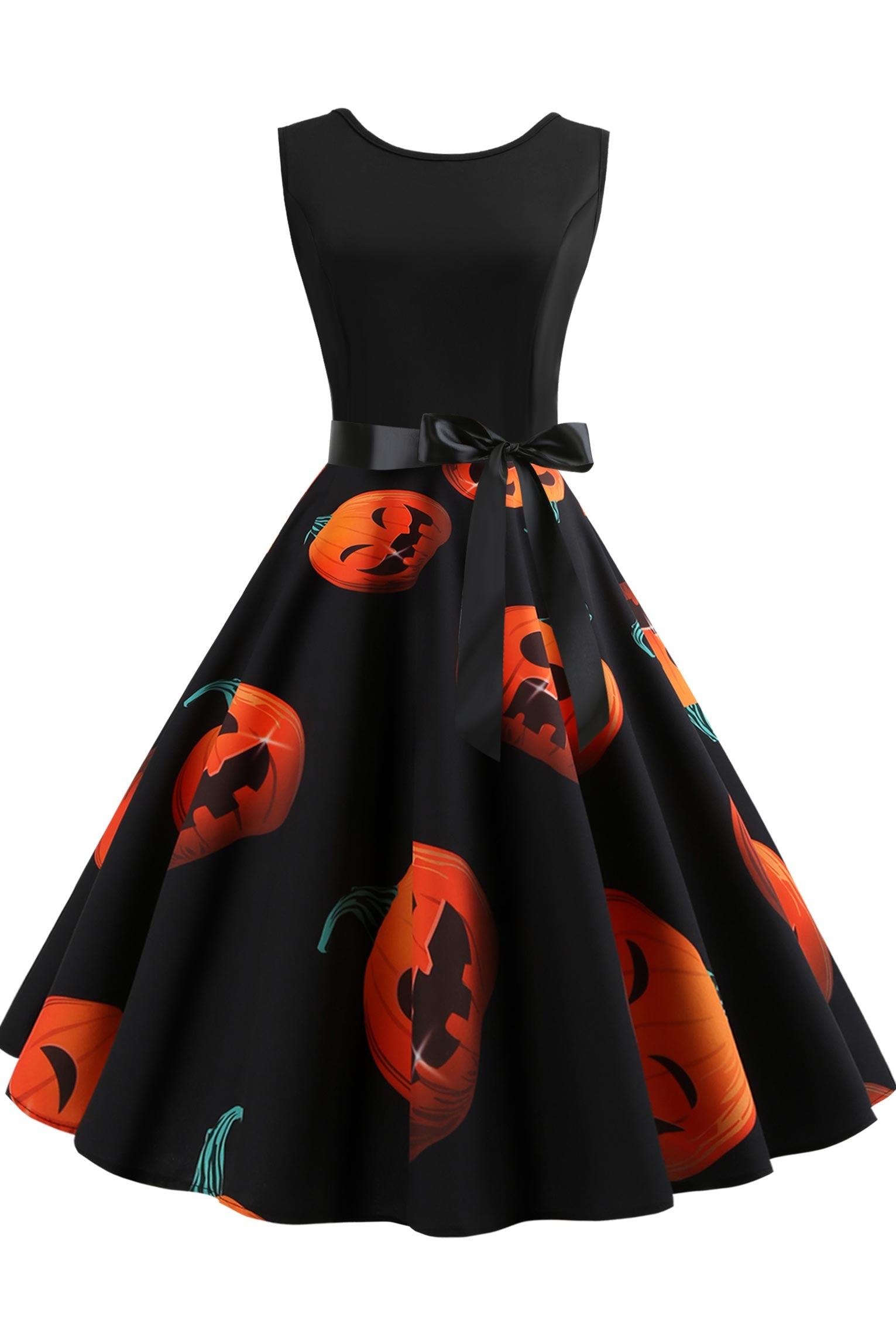 Halloween Sleeveless Pumpkin Print Panel Dress - Fashionpara