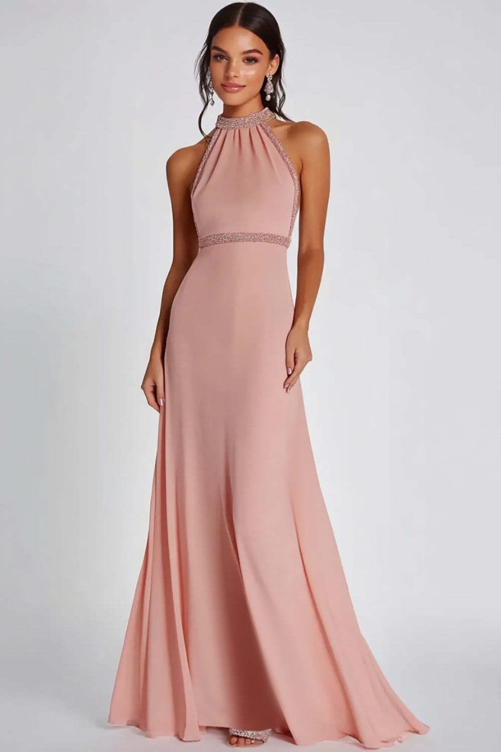 Halter Neck Pink Wedding Guest Dress Beaded Long Formal Dress