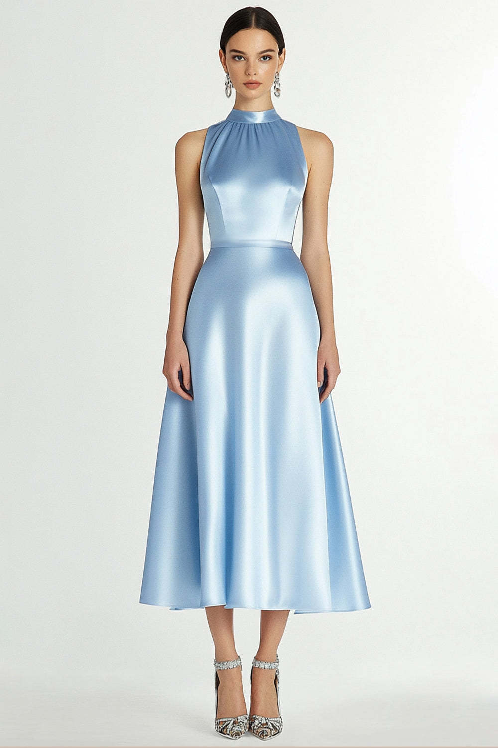Halter Neck Satin A Line Blue Wedding Guest Dress Tea Length Formal Dress