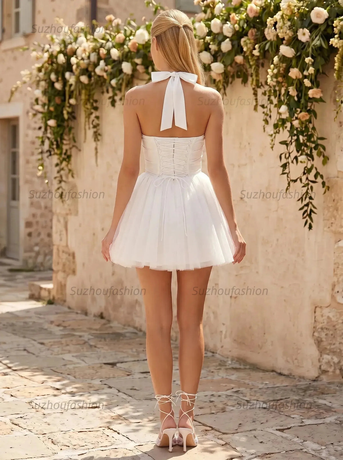 Suzhoufashion Halter Sweetheart Bow Accent Tulle Homecoming Dresses Mini Cocktail Dress