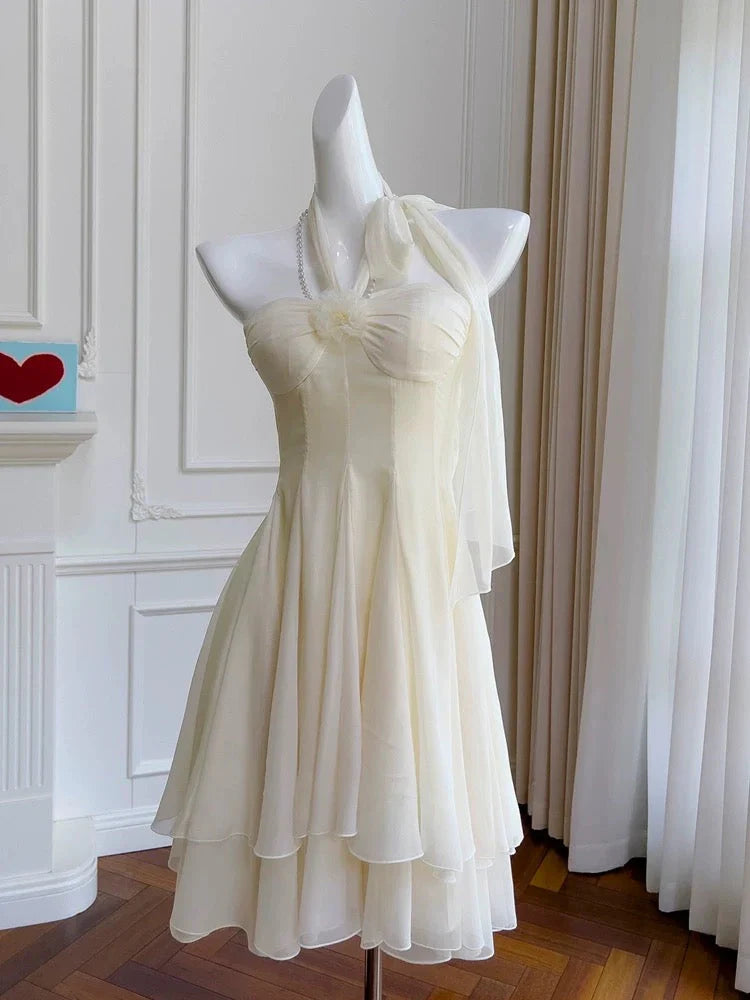Halter A-Line Beige Chiffon Homecoming Dress Short Cocktail Dress