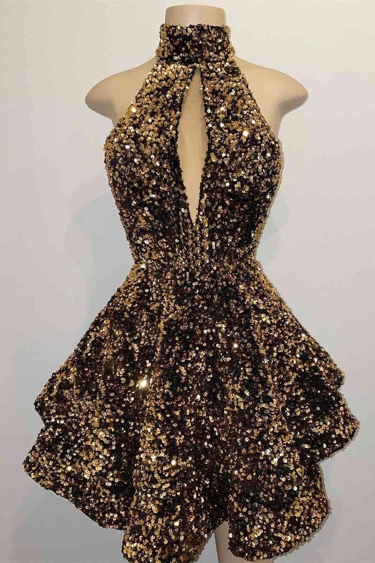 Halter A-Line Black Gold Sequin Homecoming Dress Black Girl Birthday Dress