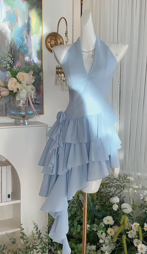 Halter A-Line Blue Chiffon Homecoming Dress Layered Birthday Dress
