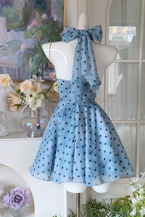 Halter A-Line Blue Polka Dots Chiffon Homecoming Dress Short Birthday Dress