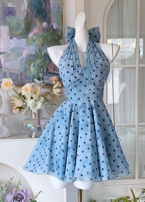 Halter A-Line Blue Polka Dots Chiffon Homecoming Dress Short Birthday Dress