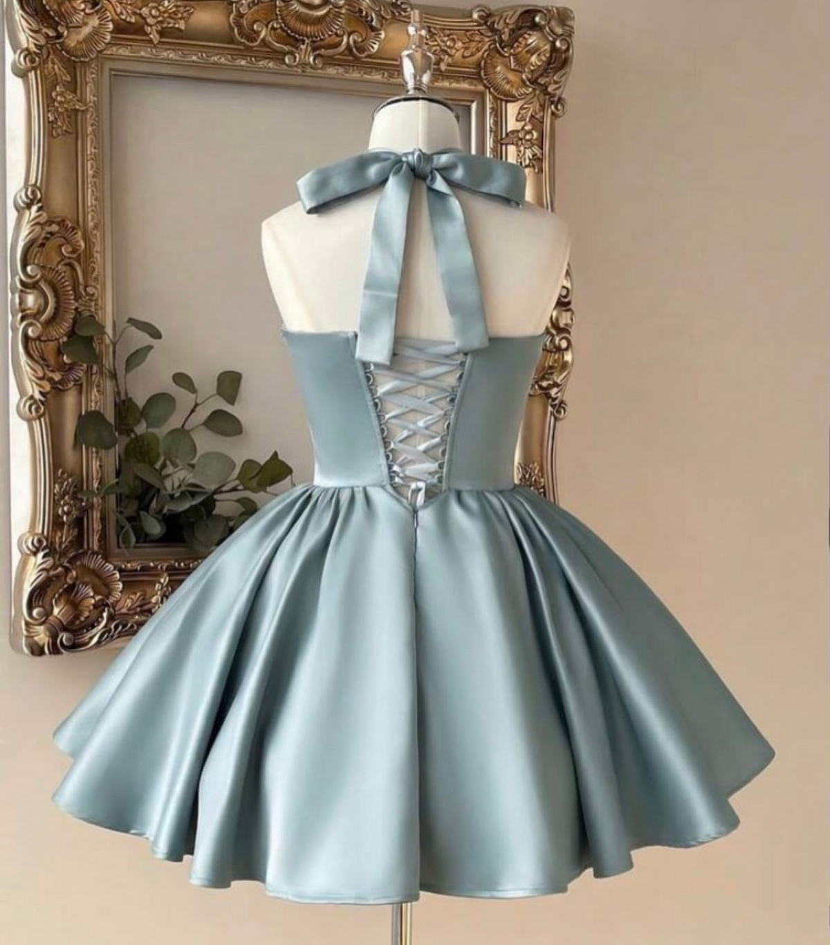 Halter A-Line Blue Satin Homecoming Dress Beaded Short Birthday Dress