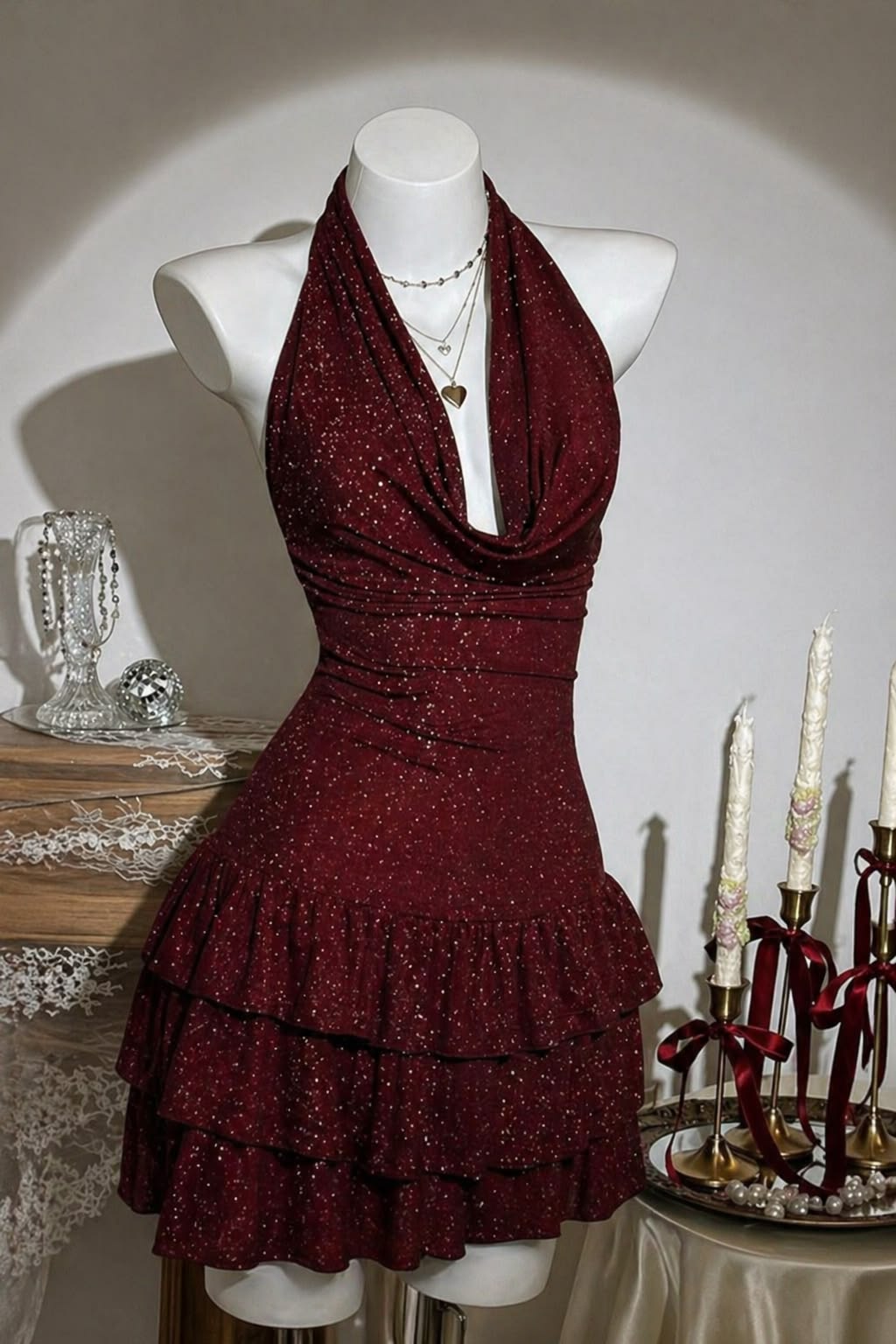 Halter A-Line Burgundy Homecoming Dress Layered Sparkle Birthday Dress