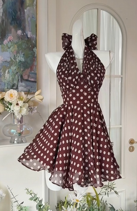 Halter A-Line Burgundy Polka Dots Chiffon Homecoming Dress Short Birthday Dress