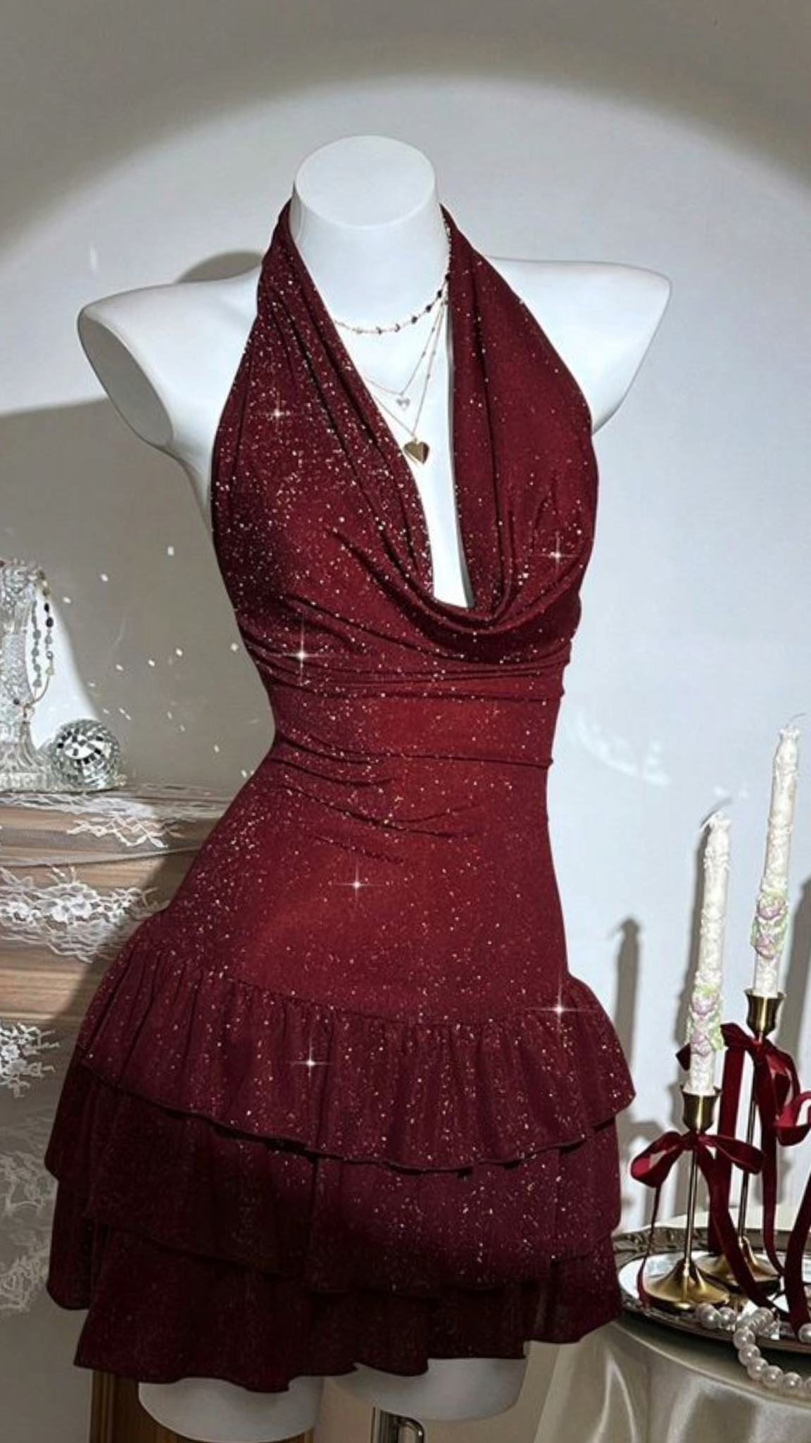 Halter A-Line Burgundy Sparkle Homecoming Dress Short Birthday Dress