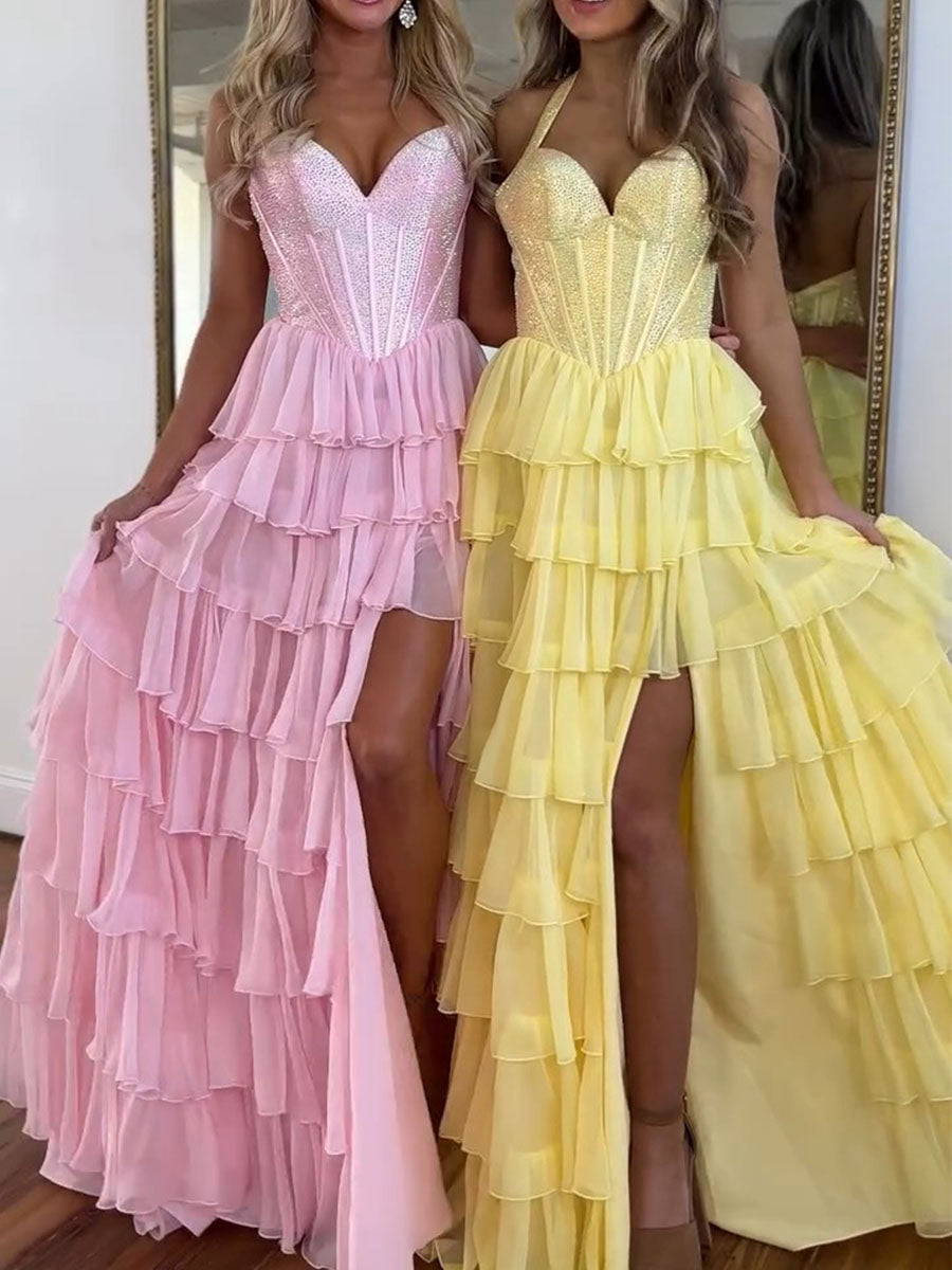 Halter Beaded Corset Tiered Ruffle Long Prom Dress with Slit