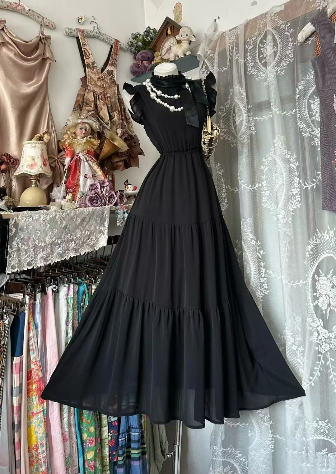 Halter Black Chiffon Evening Dress Elegant Formal Dress