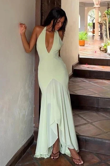 Halter Deep V-Neck Open Back Chiffon Mermaid Prom Dress