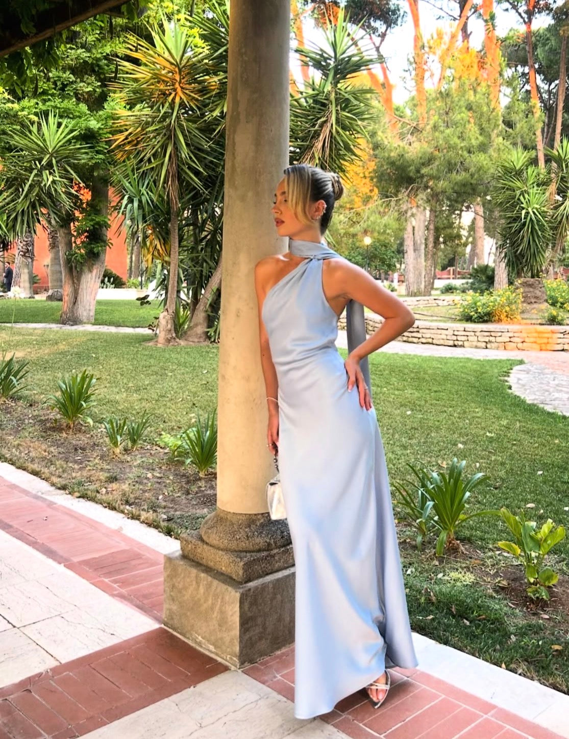 Halter Gray Blue Satin Formal Wedding Guest Dress