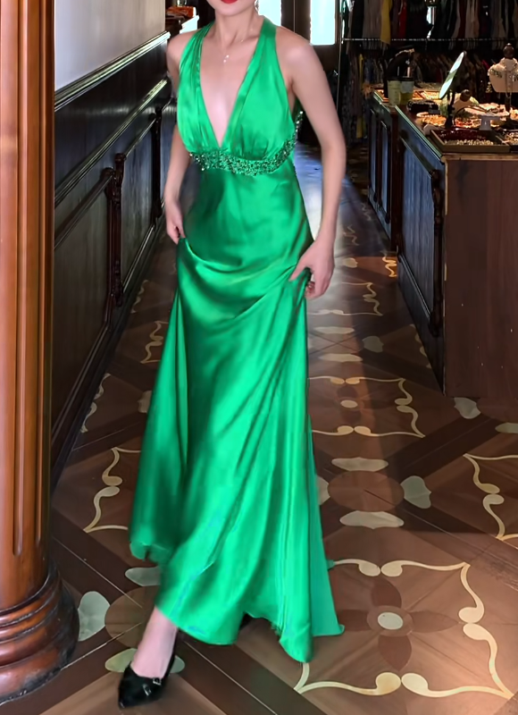 Halter Green Satin Prom Dress Backless Evening Dress