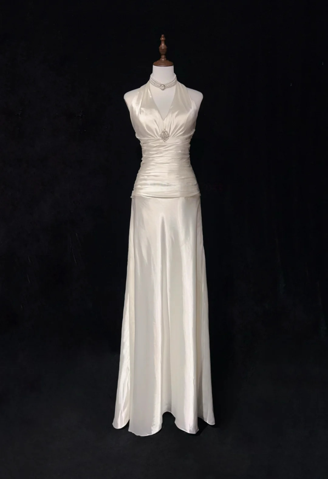 Halter Ivory Satin Formal Prom Dress Elegant Evening Dress