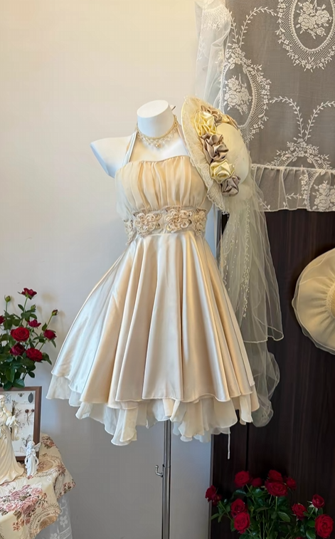 Halter Light Champagne Satin Birthday Dress Short Homecoming Dress