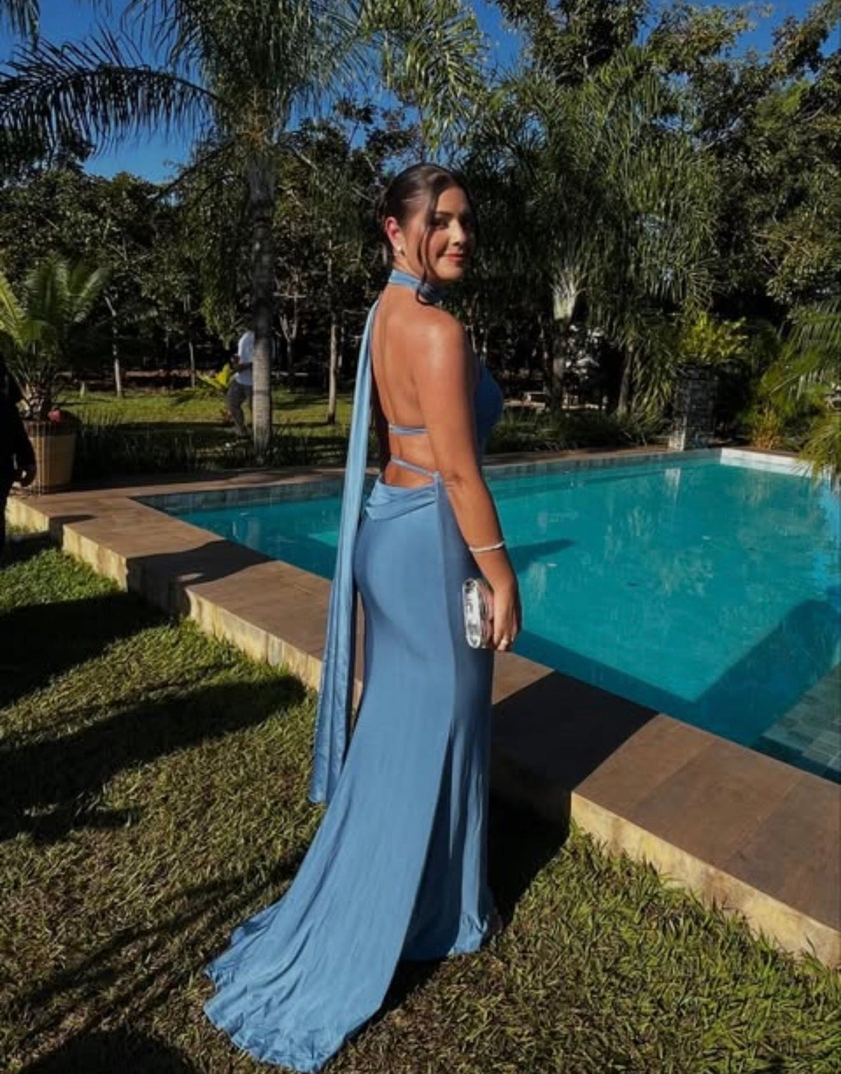 Halter Mermaid Blue Wedding Guest Dress Senior Prom Dress