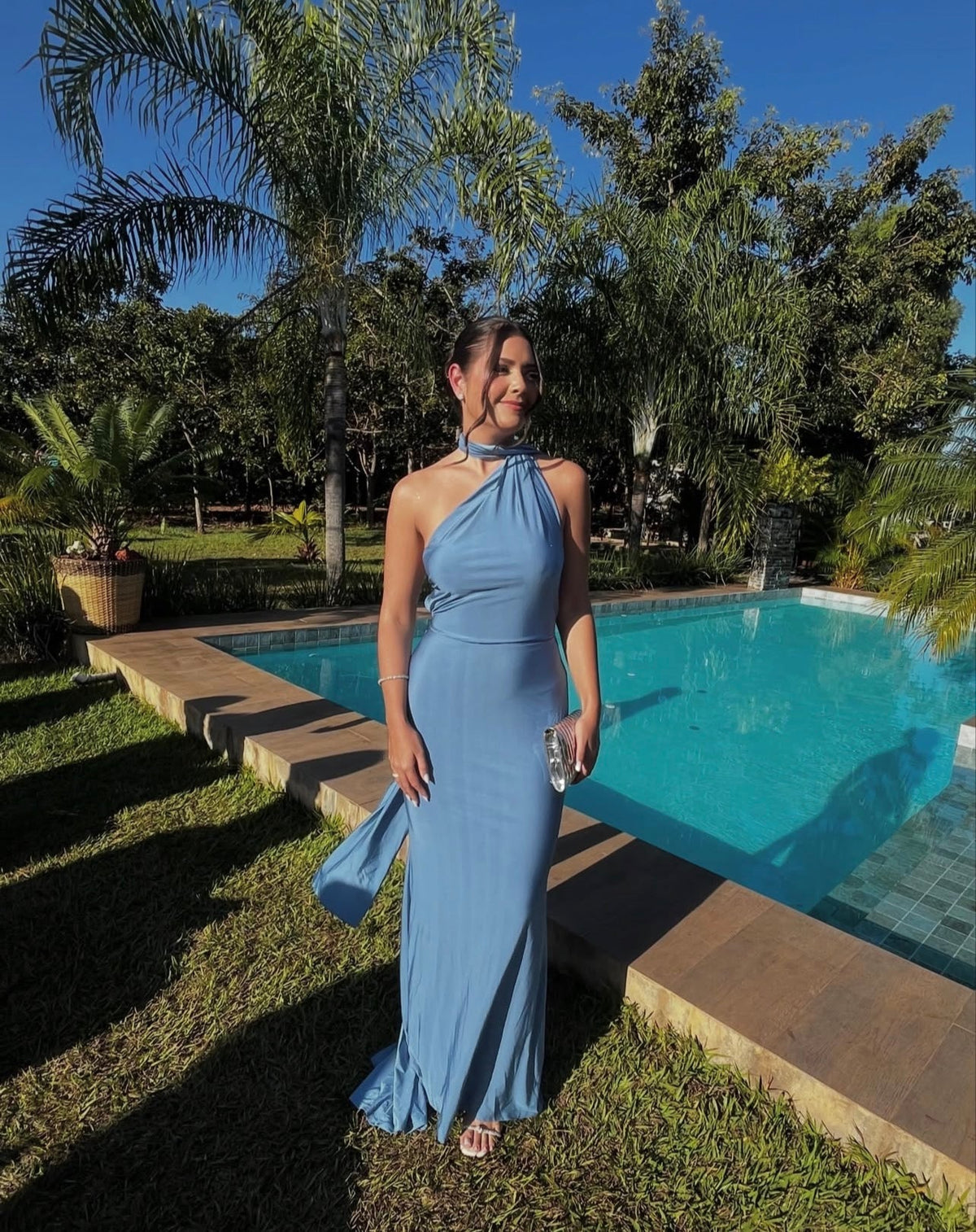 Halter Mermaid Blue Wedding Guest Dress Senior Prom Dress